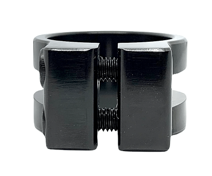 Introducing the Revolution Super Lite 2 Bolt Oversized Stunt Scooter Clamp in Black by Revolution, a uniquely designed industrial piece crafted from durable 6061-T6 aluminum. It features two flat, rectangular sections connected at the center by visible threaded screws.