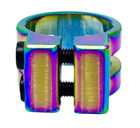 The Revolution Super Lite 2 Bolt Oversized Stunt Scooter Clamp - Neochrome, crafted by Revolution from 6061-T6 aluminum, features a stunning rainbow gradient effect and uses two bolts to secure parts with precision.
