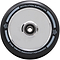 A close-up of a Revolution Hollowcore 110mm Stunt Scooter Wheel - Chrome showcases its black appearance with a metallic center bearing, displaying the words "Revolution Supply Co" and "110MM Hollowcore Wheel 88A" on the rim. This design by Revolution features a subtle star pattern along the edge.