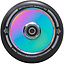 A detailed view of the Revolution Hollowcore 110mm Stunt Scooter Wheel in Neochrome reveals its holographic core with a striking, multicolored finish. The wheel's black outer section is encircled by text reading "Revolution Supply Co.