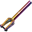 The Revolution Mutiny IHC Stunt Scooter Fork by Revolution features a neochrome finish, blending pink, gold, and blue shades. Made from aircraft-grade aluminum, this fork sports a sleek cylindrical neck and two prongs held together by high-tensile axle bolts.