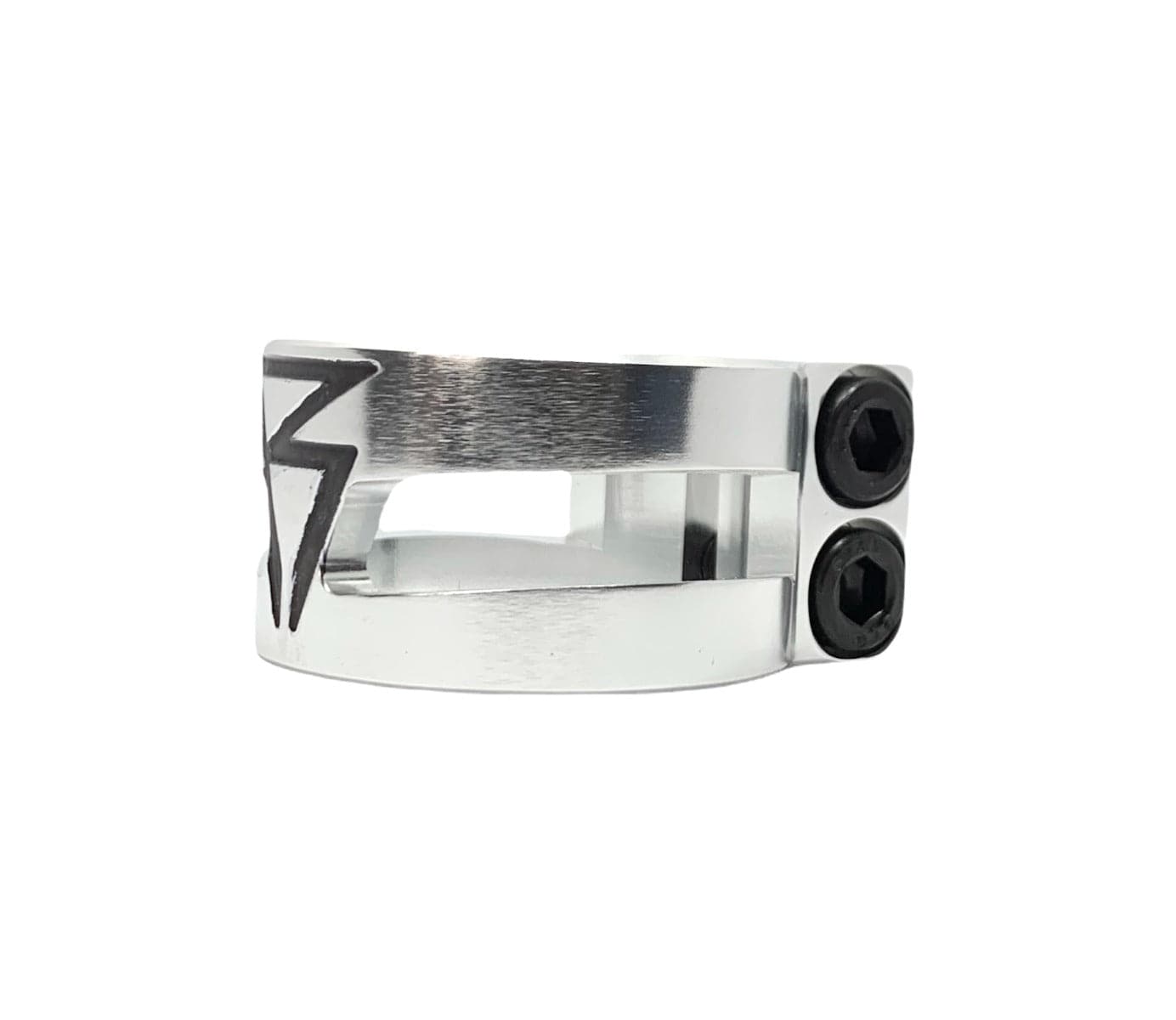 Introducing the Revolution Super Lite 2 Bolt Oversized Stunt Scooter Clamp - Chrome by Revolution: a sleek chrome metal clamp, crafted from durable 6061-T6 aluminum, featuring a lightning bolt design and two black screws on the side. Its oversized design ensures a secure fit, all showcased against a plain white background.