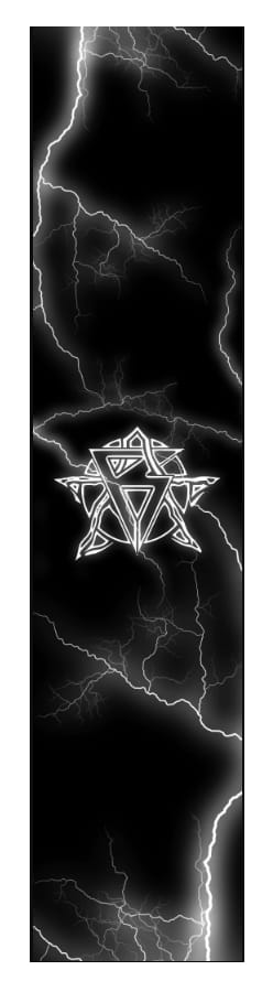 A tall, dark image with bright white lightning streaks across it. In the center, a geometric star-like symbol glows with a white aura. Echoing the highly grippy texture of Revolution Stunt Scooter Griptape - Storm by Revolution, its intricate patterns capture attention like scooter decks cutting through air.