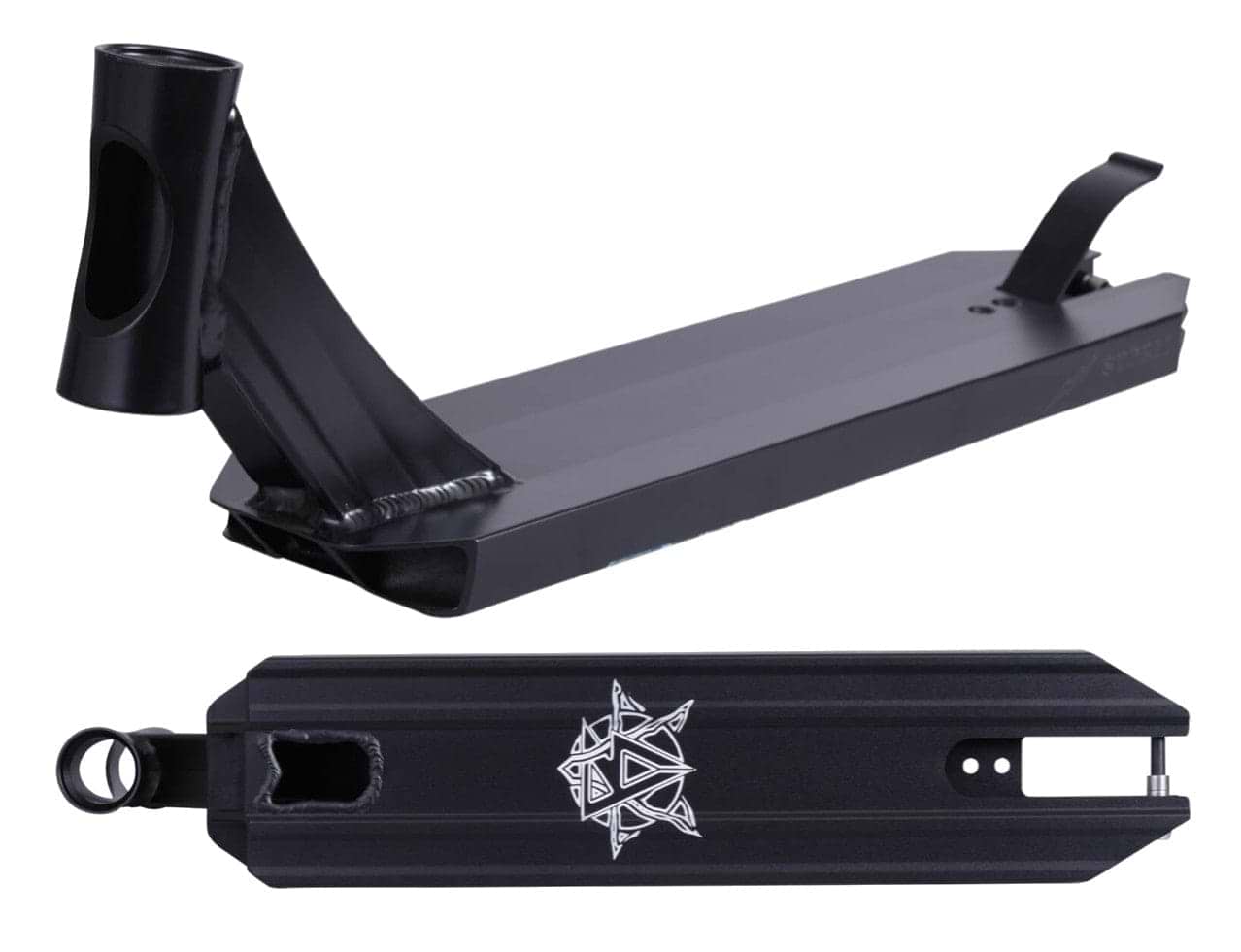 The Revolution Storm Black Stunt Scooter Deck, measuring 4.7" x 19", showcases a sleek geometric design on its underside, ideal for park riders. It includes a front cutout and a rear brake attachment, with an angled headtube expertly welded onto the main deck.