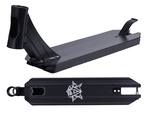 The Revolution Storm Black Stunt Scooter Deck, measuring 4.7" x 19", showcases a sleek geometric design on its underside, ideal for park riders. It includes a front cutout and a rear brake attachment, with an angled headtube expertly welded onto the main deck.