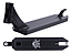 The Revolution Storm Black Stunt Scooter Deck, measuring 4.7" x 19", showcases a sleek geometric design on its underside, ideal for park riders. It includes a front cutout and a rear brake attachment, with an angled headtube expertly welded onto the main deck.