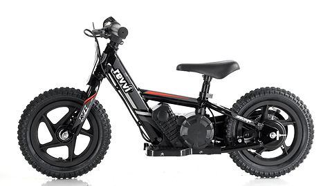 Introducing the Revvi 12" Kids Electric Balance Bike in Black: A stylish electric balance bike that features bold red accents, knobby tires, a comfortable seat, and grippy handlebars. This model showcases visible motor components and offers an easy-to-use twist throttle for smooth adventures.