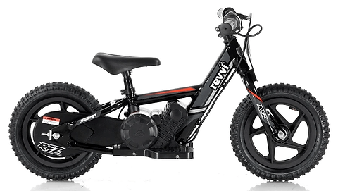 Introducing the Revvi 12" Kids Electric Balance Bike in Black, a robust and stylish choice for young riders featuring an electric-powered motorbike design. Equipped with chunky tires and a sturdy frame, this bike includes a twist throttle and low seat, making it ideal for children to learn balance while riding.
