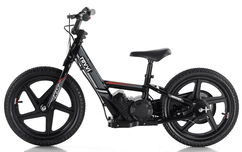 A black mini dirt bike featuring thick tires, a compact seat, and handlebar controls is paired well with the Revvi 16" Kids Electric Balance Bike. Its robust frame and disc brakes are engineered for off-road adventures, perfect for daring young riders.