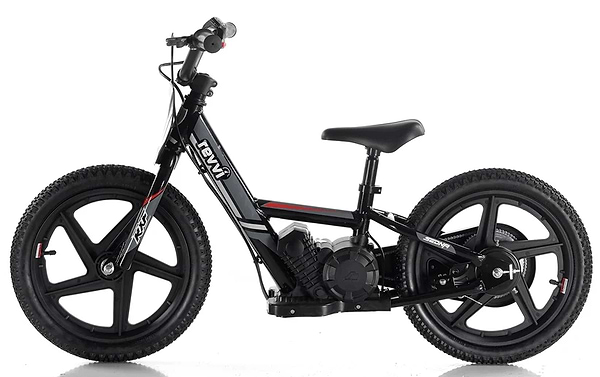A black mini dirt bike featuring thick tires, a compact seat, and handlebar controls is paired well with the Revvi 16" Kids Electric Balance Bike. Its robust frame and disc brakes are engineered for off-road adventures, perfect for daring young riders.