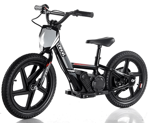 The Revvi 16" Kids Electric Balance Bike - Black is a stylish and contemporary ride featuring thick tires, a compact seat, and handlebars. Its rechargeable battery makes it ideal for young adventurers.
