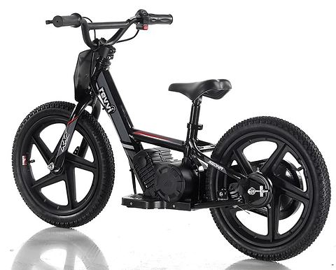 The Revvi 16" Kids Electric Balance Bike - Black combines style and functionality with its sleek design, thick tires, and minimalist frame. It boasts a compact motor and a comfortable seat, making it ideal for young riders learning to balance. Perfect for adventurous kids who want both convenience and style on two wheels.