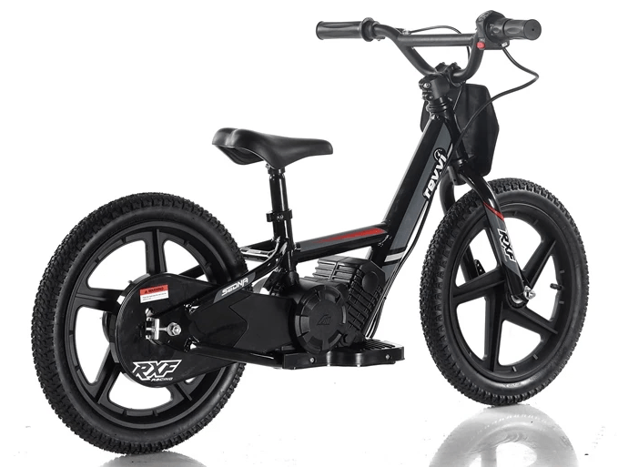 The Revvi 16" Kids Electric Balance Bike - Black, by the brand Revvi, is an elegant children's electric balance bike featuring a cushioned seat and wide handlebars. Displaying RXF branding on its sides, it ensures a robust riding experience with its durable tires and strategically placed footrest over the motorized section.