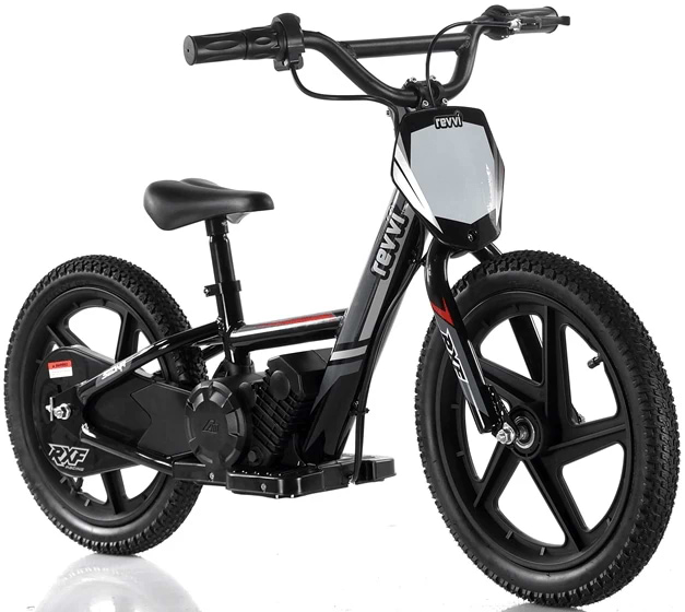 The black Revvi 16" Kids Electric Balance Bike features thick tires, a padded seat, and a sleek futuristic design set against a white background.