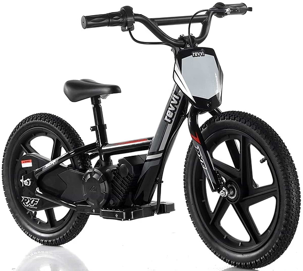 The black Revvi 16" Kids Electric Balance Bike features thick tires, a padded seat, and a sleek futuristic design set against a white background.