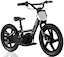 The black Revvi 16" Kids Electric Balance Bike features thick tires, a padded seat, and a sleek futuristic design set against a white background.