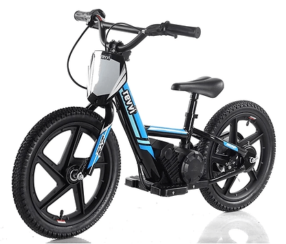 Introducing the Revvi 16" Kids Electric Balance Bike - Blue, a chic children's balance bike in an elegant black and blue design. It features robust tires, a comfortable seat, and handlebars specifically designed for young riders to hone their balance skills. This stylish bike is presented against a plain white background, ideal for aspiring champions.