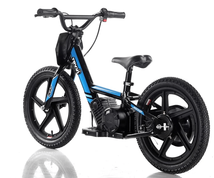 The Revvi 16" Kids Electric Balance Bike - Blue offers a sleek, minimalist design with its black and blue color scheme. Built with a sturdy frame and thick tires, it includes a compact motor positioned below the seat and handlebars, making it an ideal choice for young riders looking for a smooth experience.