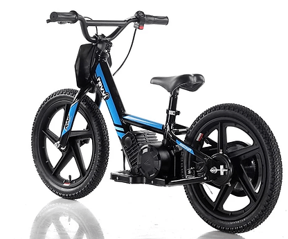 The Revvi 16" Kids Electric Balance Bike - Blue offers a sleek, minimalist design with its black and blue color scheme. Built with a sturdy frame and thick tires, it includes a compact motor positioned below the seat and handlebars, making it an ideal choice for young riders looking for a smooth experience.