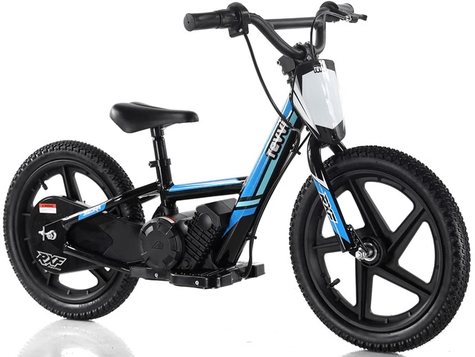 Introducing the Revvi 16" Kids Electric Balance Bike - Blue: Designed for adventurous young riders, this stylish bike features a robust frame with a sleek black and blue design, thick tires, and BMX-style handlebars. It is equipped with a small motor located beneath the seat and includes a central kickstand for added stability, making it an ideal choice for children gaining confidence in their riding skills.