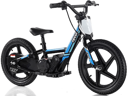 Introducing the Revvi 16" Kids Electric Balance Bike - Blue: Designed for adventurous young riders, this stylish bike features a robust frame with a sleek black and blue design, thick tires, and BMX-style handlebars. It is equipped with a small motor located beneath the seat and includes a central kickstand for added stability, making it an ideal choice for children gaining confidence in their riding skills.
