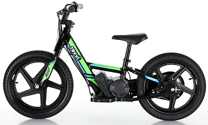 Introducing the Revvi 16" Kids Electric Balance Bike - Green by Revvi, designed for children and featuring a small motor. This sporty balance bike comes with hybrid rubber tires and a simple seat, highlighted with blue accents against its black and green frame. The twist throttle adds an element of excitement, all set against a plain white background.