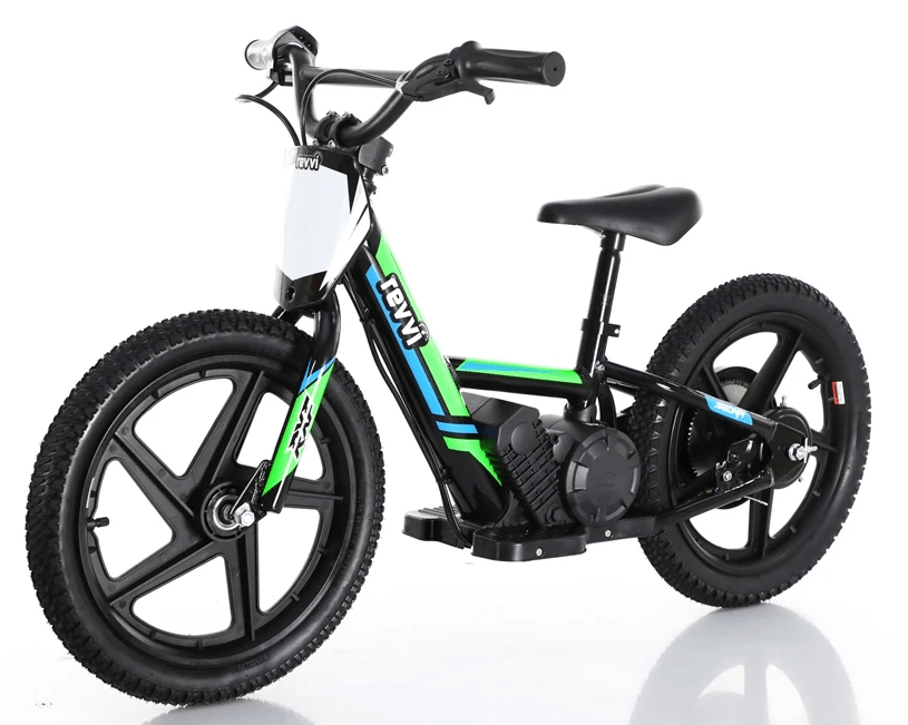 Introducing the Revvi 16" Kids Electric Balance Bike in green, designed by the renowned brand Revvi. This small balance bike features a sleek black and green minimalist frame, hybrid rubber tyres with thick treads, and a comfortable seat. It comes equipped with a pedal and motor system complete with a twist throttle, making it expertly suitable for children's use.