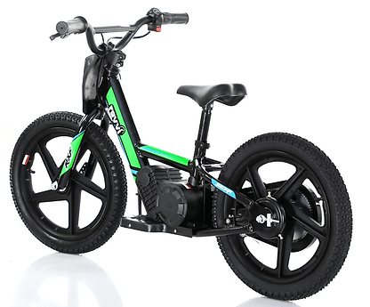 The Revvi 16" Kids Electric Balance Bike - Green, by the renowned brand Revvi, showcases a stylish black frame accented with vivid green highlights and robust hybrid rubber tires. This pedal-free bike incorporates a compact motor, twist throttle, and a comfortable seat against a simple white backdrop.