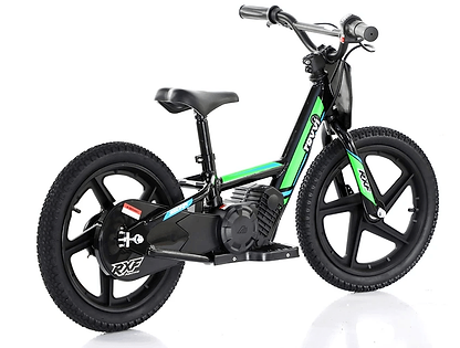 Introducing the Revvi 16" Kids Electric Balance Bike in a stylish black and green design. This bike boasts hybrid rubber tires for enhanced durability and features a minimalist frame adorned with the Revvi logo. With its innovative twist throttle in place of traditional pedals, it's an ideal choice for young riders to hone their balance skills.