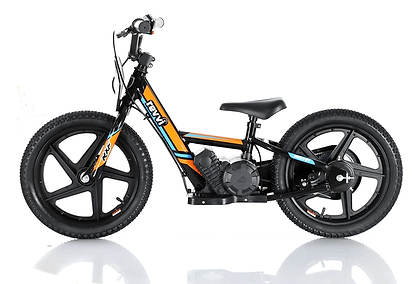 Introducing the Revvi 16" Kids Electric Balance Bike in orange, crafted by Revvi. This sleek and lightweight motorbike is perfect for children, featuring a striking orange and black design. With thick tires and sturdy handlebars, it ensures a safe ride while the twist throttle provides easy control for endless fun. Presented against a white background, this bike combines style and functionality effortlessly.
