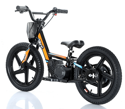 A Revvi 16" Kids Electric Balance Bike in orange and black on a white background. It includes thick tires, a comfortable seat, and a sleek frame. The handlebars are equipped with grips and a twist throttle, while the lightweight bike features a compact motor located near the pedals.