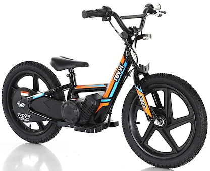 The Revvi 16" Kids Electric Balance Bike in orange boasts a sleek black frame with eye-catching orange, blue, and white accents. It is equipped with sturdy black wheels and handlebars, making this lightweight bike ideal for learning balance and coordination.