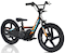 The Revvi 16" Kids Electric Balance Bike in orange boasts a sleek black frame with eye-catching orange, blue, and white accents. It is equipped with sturdy black wheels and handlebars, making this lightweight bike ideal for learning balance and coordination.
