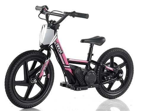 The Revvi 16" Kids Electric Balance Bike - Pink, from the brand Revvi, is an ideal choice for young adventurers. This pink and black electric balance bike features thick tires, a small motor, and a comfy black seat. Its sporty design assists kids in mastering balance before transitioning to pedal bicycles.