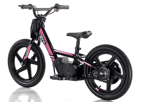 The Revvi 16" Kids Electric Balance Bike - Pink, by Revvi, is a pedal-free model with a pink and black color scheme. It boasts thick black tires and a robust frame, making it ideal for young riders. The bike features a compact centrally mounted motor to assist children in developing balance and riding skills.