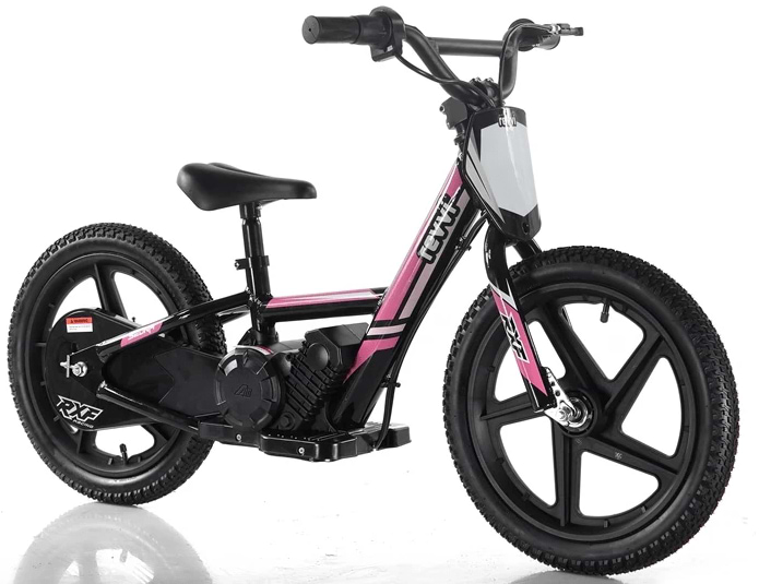 The Revvi 16" Kids Electric Balance Bike - Pink merges fun with safety through its black and pink aesthetic and robust design, including handlebars and footrests reminiscent of a dirt bike. Its thick-treaded wheels offer stability tailored for young riders.