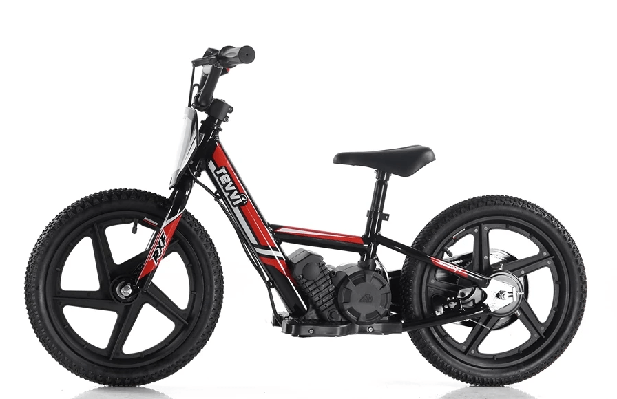 The Revvi 16" Kids Electric Balance Bike in red is a BMX-style bicycle featuring a twist throttle. It has thick, sturdy wheels and a compact frame, making this lightweight ride perfect for both off-road and urban adventures. The low seat and handlebars with grips provide comfort and control for young riders.