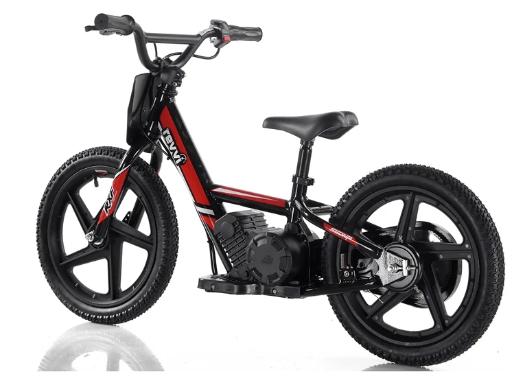 The Revvi 16" Kids Electric Balance Bike - Red offers a minimalist design in black and red, suited for young riders. It includes a low seat, thick tires, compact frame, and a twist throttle for easy control. The bike is showcased on a white background.