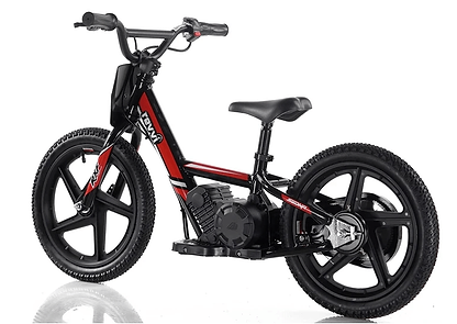 The Revvi 16" Kids Electric Balance Bike - Red offers a minimalist design in black and red, suited for young riders. It includes a low seat, thick tires, compact frame, and a twist throttle for easy control. The bike is showcased on a white background.
