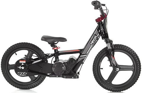 The Revvi 16" Plus Kids Electric Balance Bike - Black from Revvi features a sleek black frame with striking red accents and robust black tires. Its BMX-style handlebar pairs well with the compact electric motor, providing a contemporary and sporty appearance ideal for young riders looking to develop their skills on this outstanding balance bike.