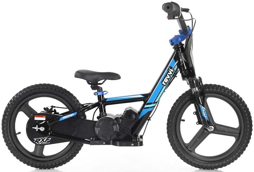 The Revvi 16" Plus Kids Electric Balance Bike in blue is a sleek, modern children's bicycle featuring a thick frame and black tires. It has a pedal-less design and prominently displays the "Revvi" brand name on the frame, all set against a white background.