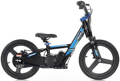 The Revvi 16" Plus Kids Electric Balance Bike in blue is a sleek, modern children's bicycle featuring a thick frame and black tires. It has a pedal-less design and prominently displays the "Revvi" brand name on the frame, all set against a white background.