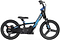 The Revvi 16" Plus Kids Electric Balance Bike in blue is a sleek, modern children's bicycle featuring a thick frame and black tires. It has a pedal-less design and prominently displays the "Revvi" brand name on the frame, all set against a white background.