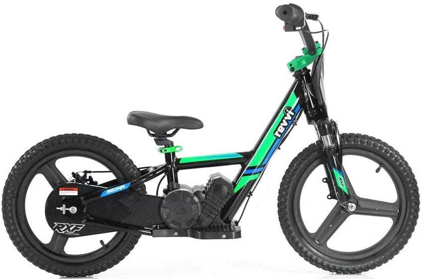 Introducing the Revvi 16" Plus Kids Electric Balance Bike in a stylish green color. This electric-powered bike for kids features hybrid rubber air-filled tires, a durable frame, and a central motor. The straightforward handlebar design makes this Revvi bike stand out beautifully against a white background.