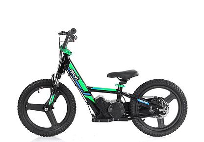 The Revvi 16" Plus Kids Electric Balance Bike - Green is displayed against a white background, featuring a striking black and green color scheme adorned with bold graphics. It comes equipped with hybrid rubber air-filled tires and large, three-spoke wheels, making it an ideal electric-powered motor bike for adventurous kids.