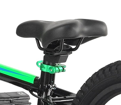 Close-up of a black bicycle seat attached to a bike frame. The black frame with green accents and seat post features a green clamp. The image also shows part of the rear wheel with visible hybrid rubber air-filled tires, ideal for an electric-powered motorized bike for kids like the Revvi 16" Plus Kids Electric Balance Bike - Green by Revvi.