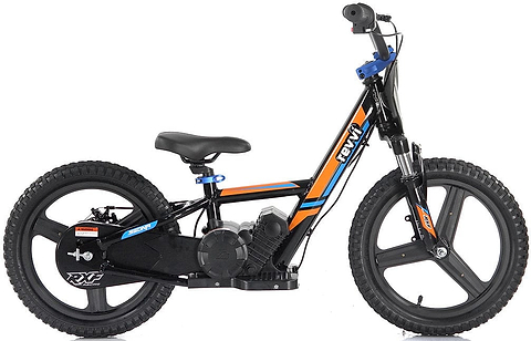 Presenting the Revvi 16" Plus Kids Electric Balance Bike - Orange, a children's balance bike designed with a stylish black frame, vivid orange highlights, and durable black tires. This kid-friendly model includes a low seat and is pedal-free, providing a solid structure for young riders as they perfect their balancing skills.