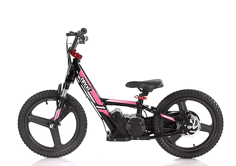 The Revvi 16" Plus Kids Electric Balance Bike - Pink is a black and pink children's bike featuring wide tires and a compact seat set against a white background. This kids' bike from Revvi includes a robust frame, low seat height, and simple handlebar design, making it ideal for young adventurers.