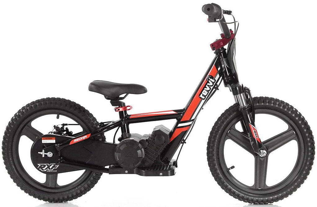 The Revvi 16" Plus Kids Electric Balance Bike - Red is a stylish black and red children's bike with thick tires, ideal for young riders. With its minimalist design, the balance bike showcases a simple seat and compact motor positioned near the pedals, all set against a plain white background.