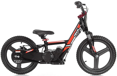 The Revvi 16" Plus Kids Electric Balance Bike - Red is a stylish black and red children's bike with thick tires, ideal for young riders. With its minimalist design, the balance bike showcases a simple seat and compact motor positioned near the pedals, all set against a plain white background.